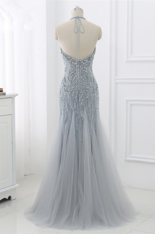 Elegant Tulle Halter Rhinestones Mermaid Prom Dresses Sleeveless Appliques