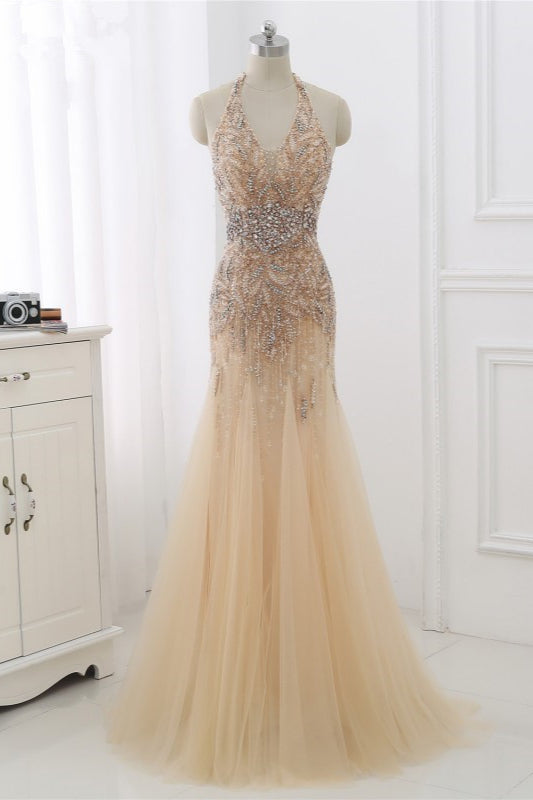 Elegant Tulle Halter Rhinestones Mermaid Prom Dresses Sleeveless Appliques