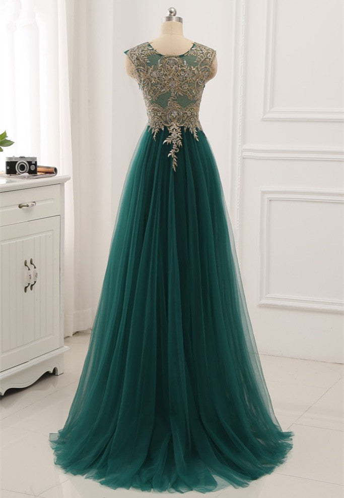 Elegant Tulle Jewel Beading Appliques Prom Dresses with Ruffles