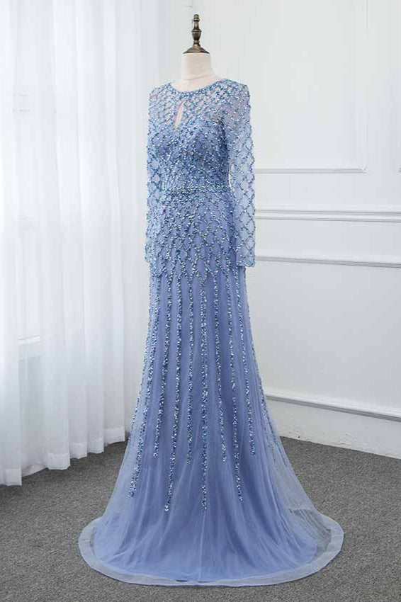 Elegant Tulle Jewel Rhinestones Prom Dresses with Long Sleeves