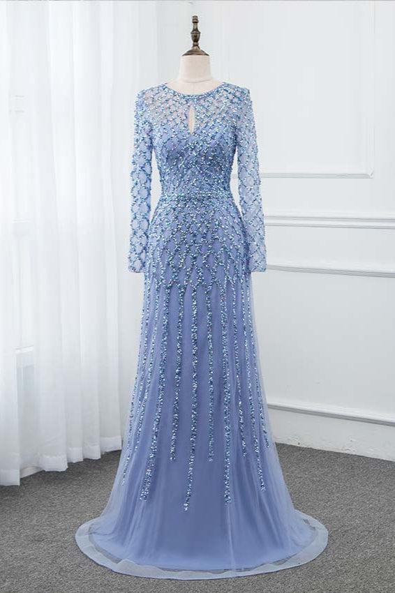 Elegant Tulle Jewel Rhinestones Prom Dresses with Long Sleeves