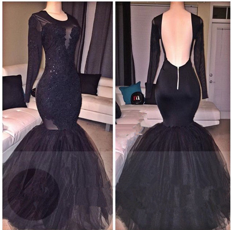 Elegant Tulle Mermaid Long-Sleeves Backless Appliques Prom Party Gowns