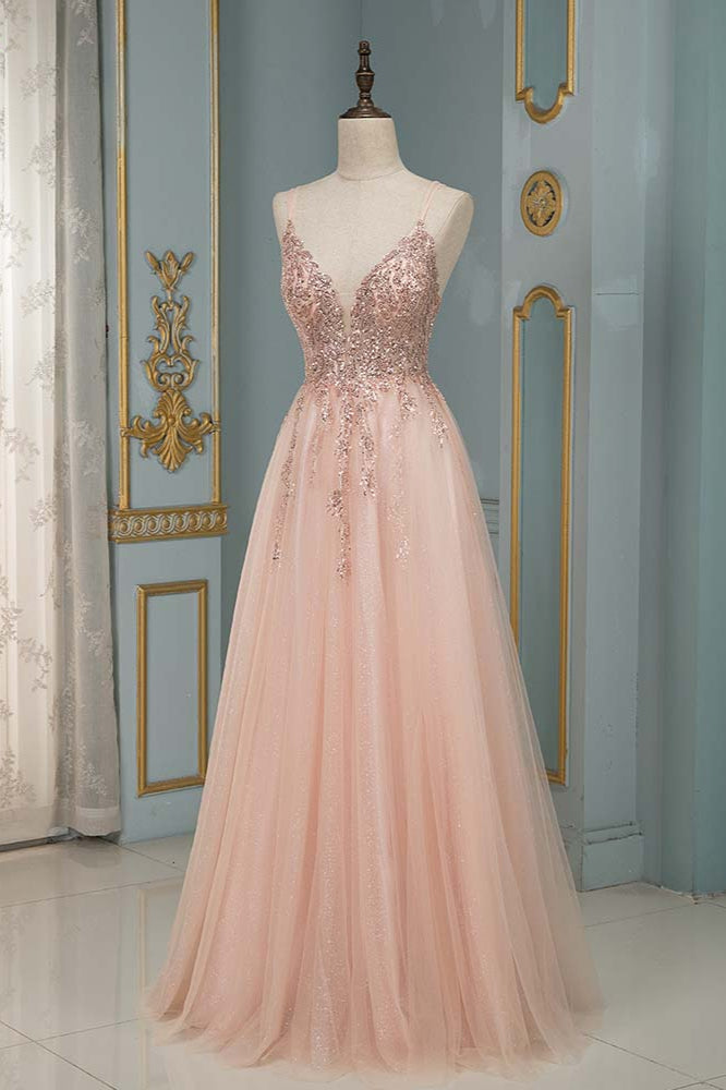 Elegant Tulle Spaghetti Strap V-Neck Pink Prom Dress with Beading Appliques