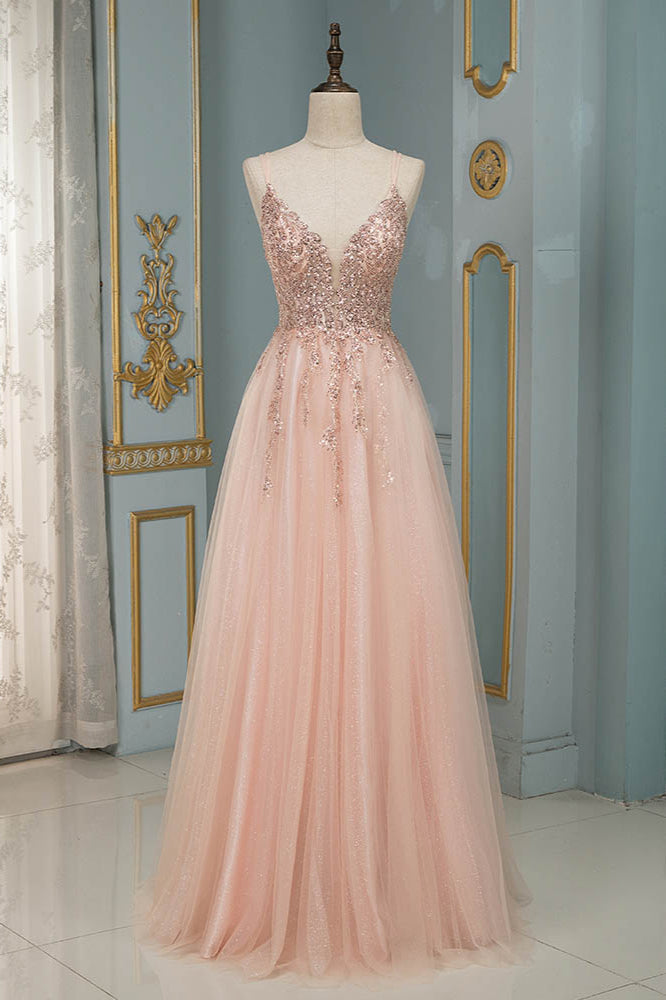 Elegant Tulle Spaghetti Strap V-Neck Pink Prom Dress with Beading Appliques