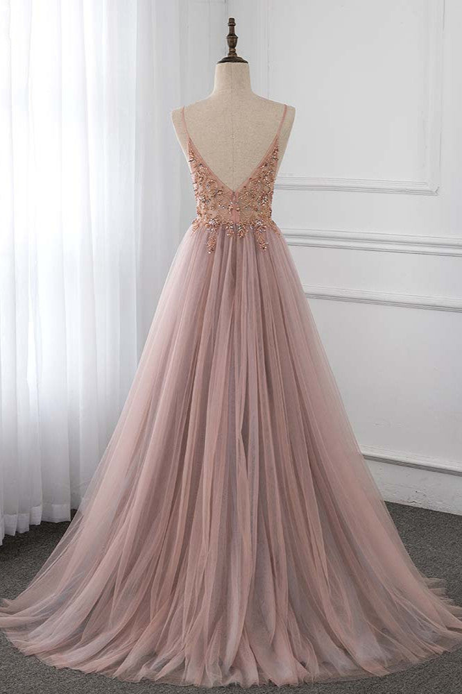 Elegant Tulle Spaghetti Straps Appliques Prom Dresses with Front Slit