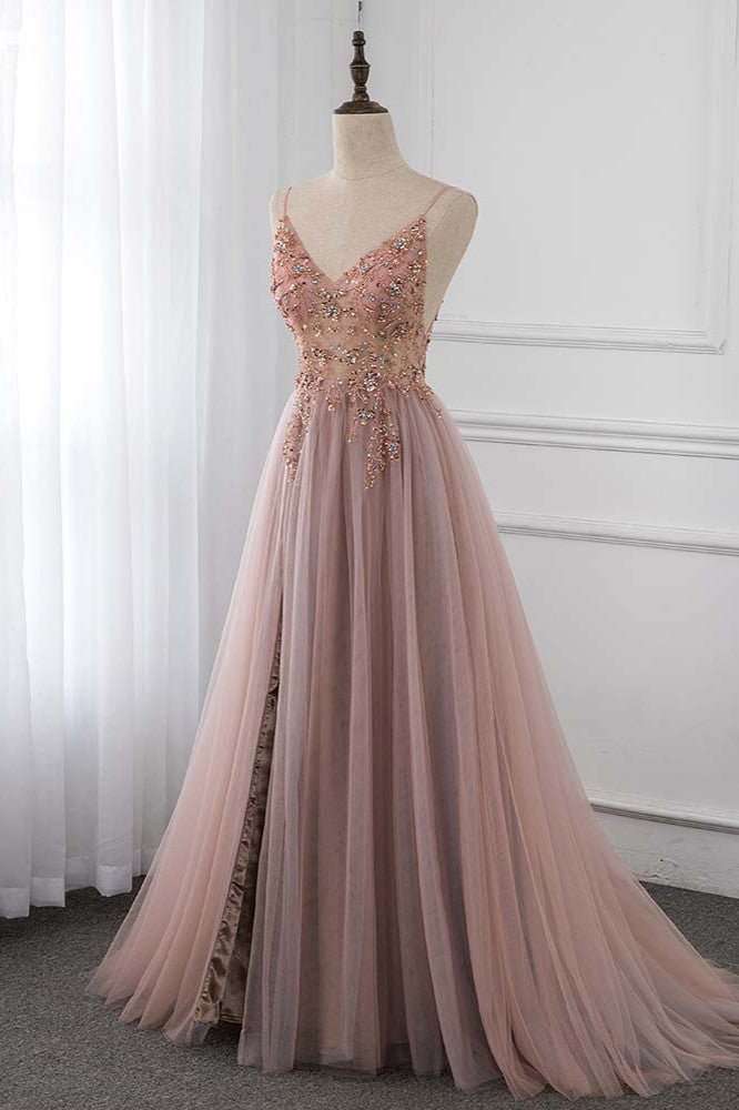 Elegant Tulle Spaghetti Straps Appliques Prom Dresses with Front Slit