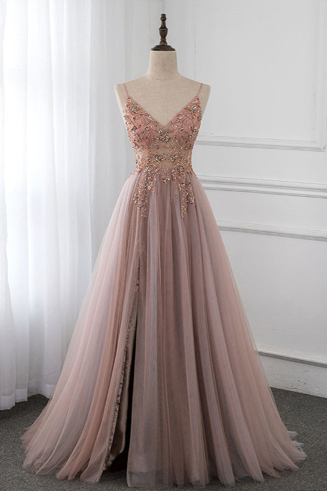 Elegant Tulle Spaghetti Straps Appliques Prom Dresses with Front Slit