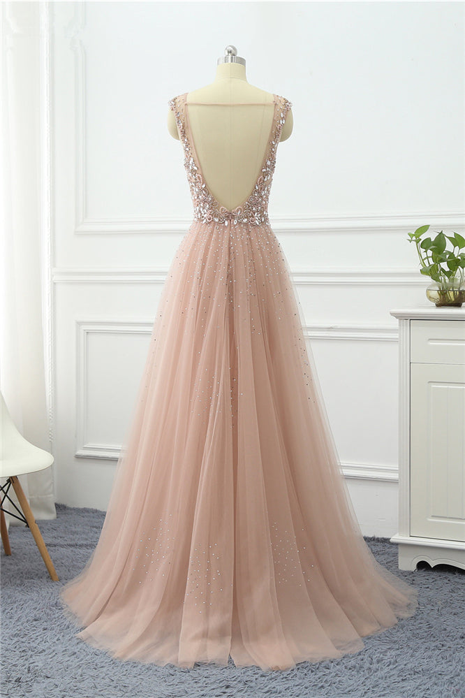 Elegant Tulle V-Neck Ruffle Beadings Prom Dresses with Appliques