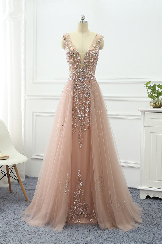 Elegant Tulle V-Neck Ruffle Beadings Prom Dresses with Appliques