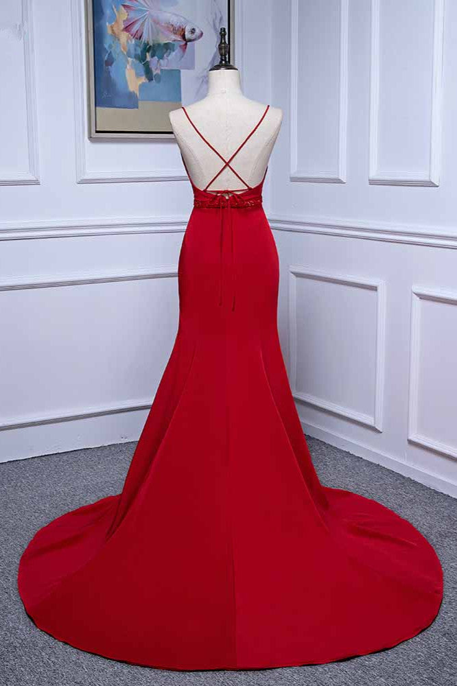 Elegant V-Neck Burgundy Prom Dresses Spaghetti Straps with Beadings Sash