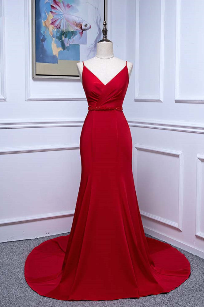 Elegant V-Neck Burgundy Prom Dresses Spaghetti Straps with Beadings Sash