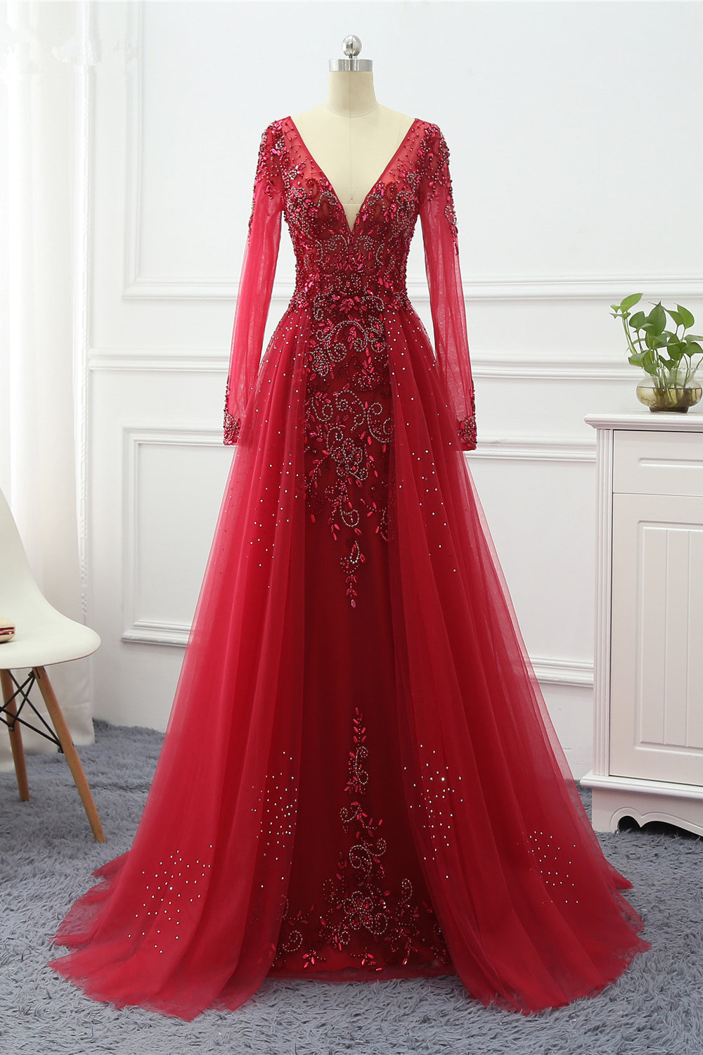 Elegant V-Neck Long Sleeves Appliques Beadings Prom Dresses with Overskirt