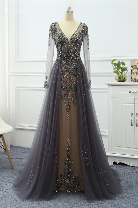 Elegant V-Neck Long Sleeves Appliques Beadings Prom Dresses with Overskirt