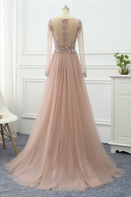 Elegant V-Neck Long Sleeves Appliques Beadings Prom Dresses with Overskirt