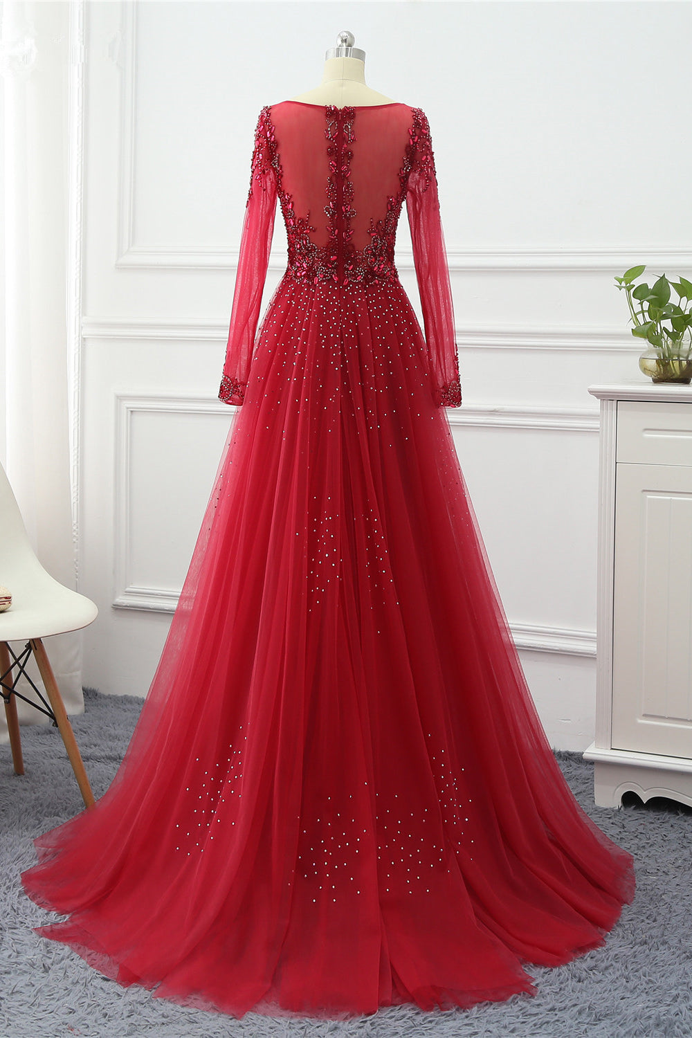 Elegant V-Neck Long Sleeves Appliques Beadings Prom Dresses with Overskirt