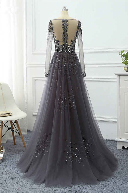 Elegant V-Neck Long Sleeves Appliques Beadings Prom Dresses with Overskirt