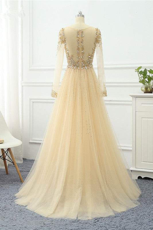 Elegant V-Neck Long Sleeves Appliques Beadings Prom Dresses with Overskirt