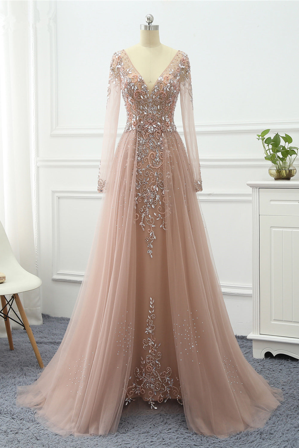 Elegant V-Neck Long Sleeves Appliques Beadings Prom Dresses with Overskirt