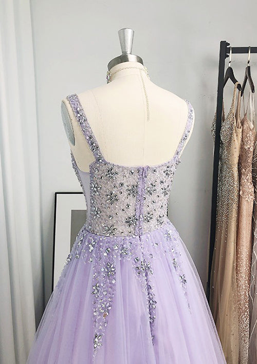 Elegant V-Neck Long Tulle Prom Dress/Evening Dress With Beading Sequins