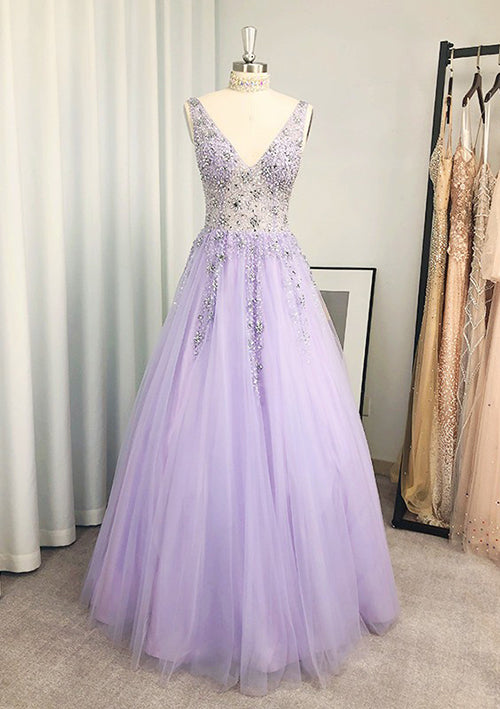 Elegant V-Neck Long Tulle Prom Dress/Evening Dress With Beading Sequins