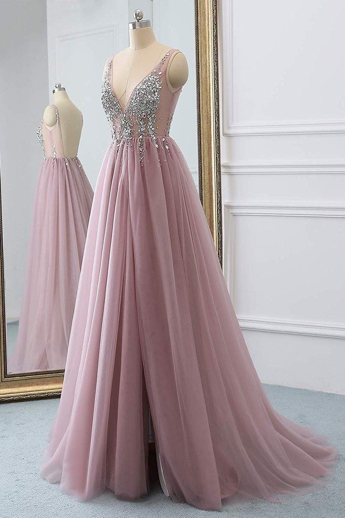 Elegant V-Neck Sleeve Prom Dress Long Tulle With Crystal