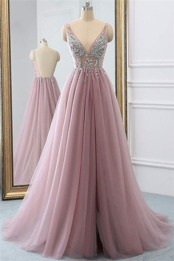 Elegant V-Neck Sleeve Prom Dress Long Tulle With Crystal