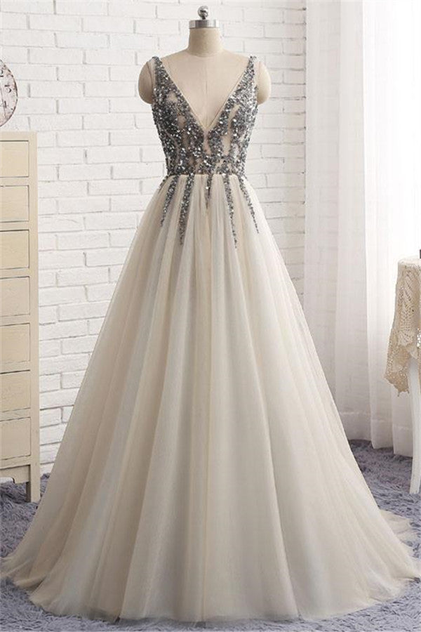 Elegant V-Neck Sleeveless Prom Dress With Appliques Long Tulle Evening Gowns