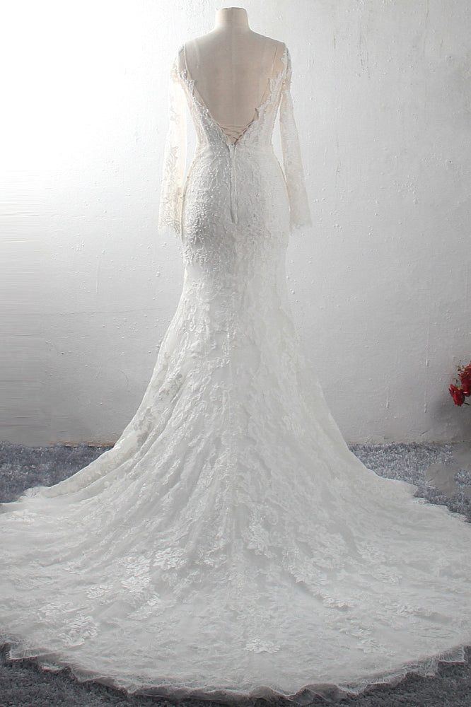 Elegant V-neck Tulle Lace Wedding Dress Long Sleeves Mermaid Appliques Bridal Gowns with Beadings