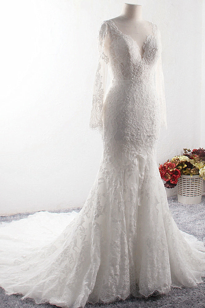 Elegant V-neck Tulle Lace Wedding Dress Long Sleeves Mermaid Appliques Bridal Gowns with Beadings