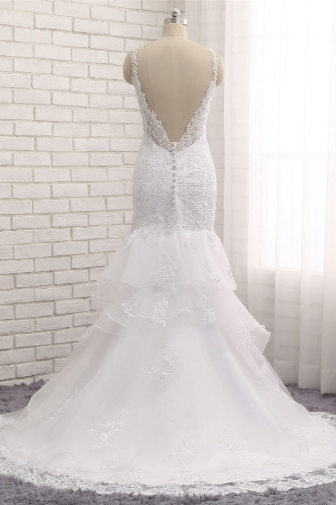 Elegant V-neck White Mermaid Wedding Dresses Sleeveless Lace Bridal Gowns With Appliques On Sale