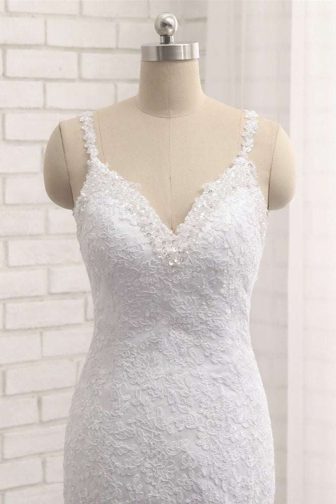 Elegant V-neck White Mermaid Wedding Dresses Sleeveless Lace Bridal Gowns With Appliques On Sale