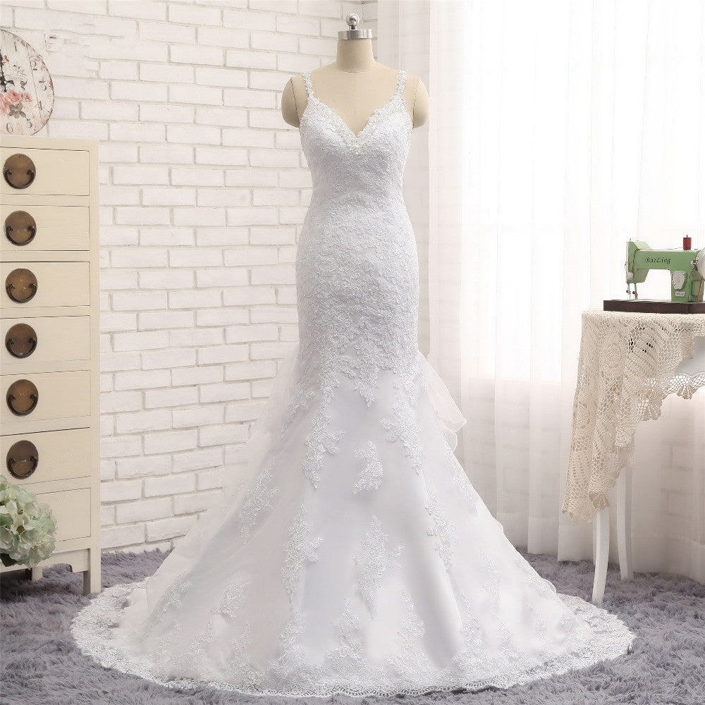 Elegant V-neck White Mermaid Wedding Dresses Sleeveless Lace Bridal Gowns With Appliques On Sale