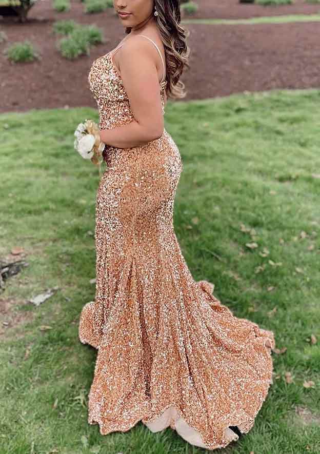 Elegant Velvet Sequined Trumpet/Mermaid V-Neck Sleeveless Court Train Prom Dress/Evening Dress