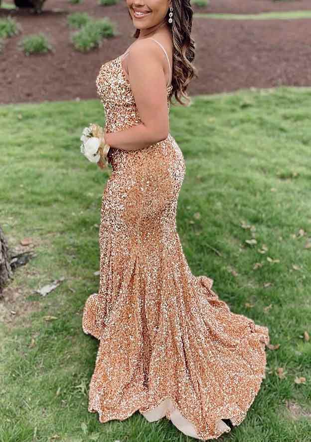 Elegant Velvet Sequined Trumpet/Mermaid V-Neck Sleeveless Court Train Prom Dress/Evening Dress