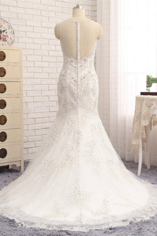 Elegant White Sleeveless Jewel Wedding Dresses With Appliques Mermaid Lace Bridal Gowns