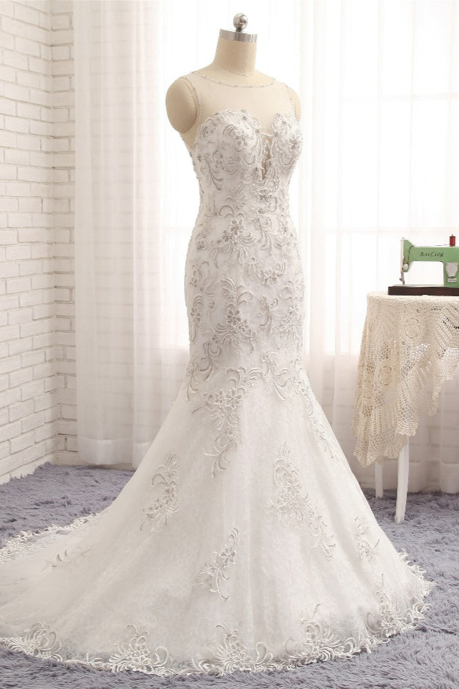 Elegant White Sleeveless Jewel Wedding Dresses With Appliques Mermaid Lace Bridal Gowns