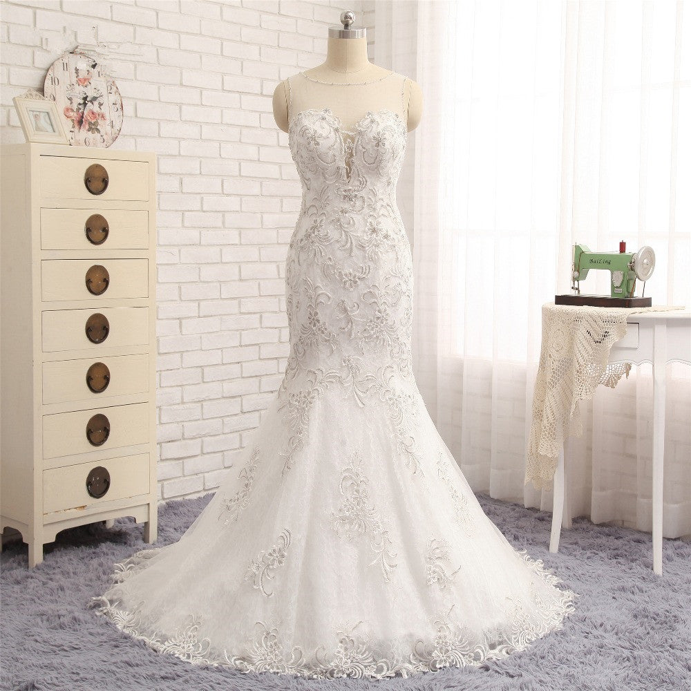 Elegant White Sleeveless Jewel Wedding Dresses With Appliques Mermaid Lace Bridal Gowns