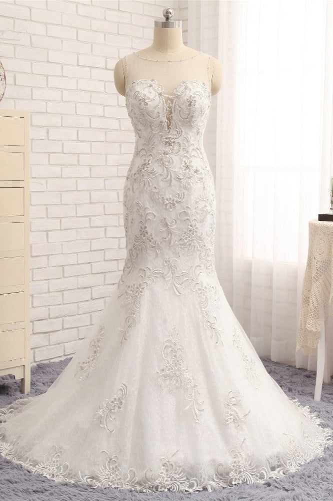 Elegant White Sleeveless Jewel Wedding Dresses With Appliques Mermaid Lace Bridal Gowns