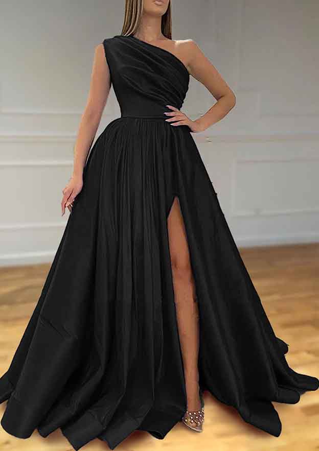 Elevate Your Look with A-Line One-Shoulder Satin Prom Dress/Evening Dress With Pleated Split