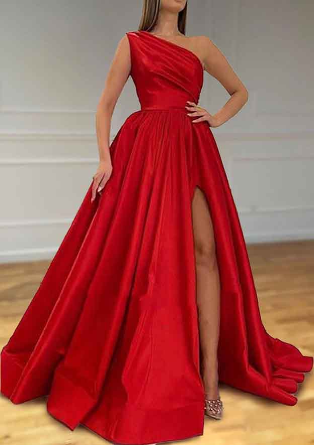 Elevate Your Look with A-Line One-Shoulder Satin Prom Dress/Evening Dress With Pleated Split