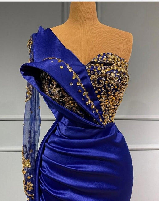 Elgeant Royal Blue One Shoulder Mermaid Prom Dresses with Sleeves