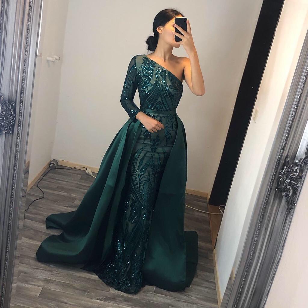 Emerald Green Prom Dress Sequins Mermaid Overskirt