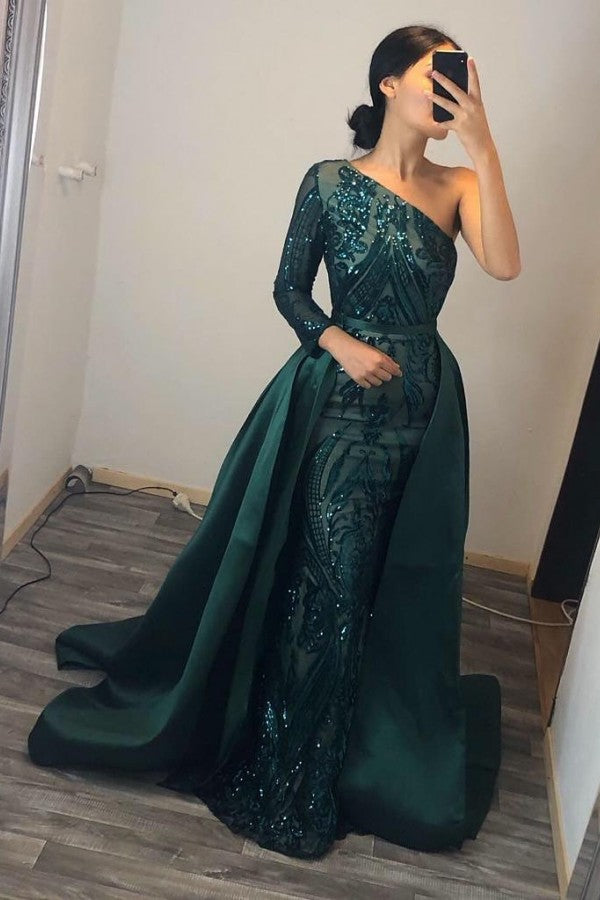 Emerald Green Prom Dress Sequins Mermaid Overskirt