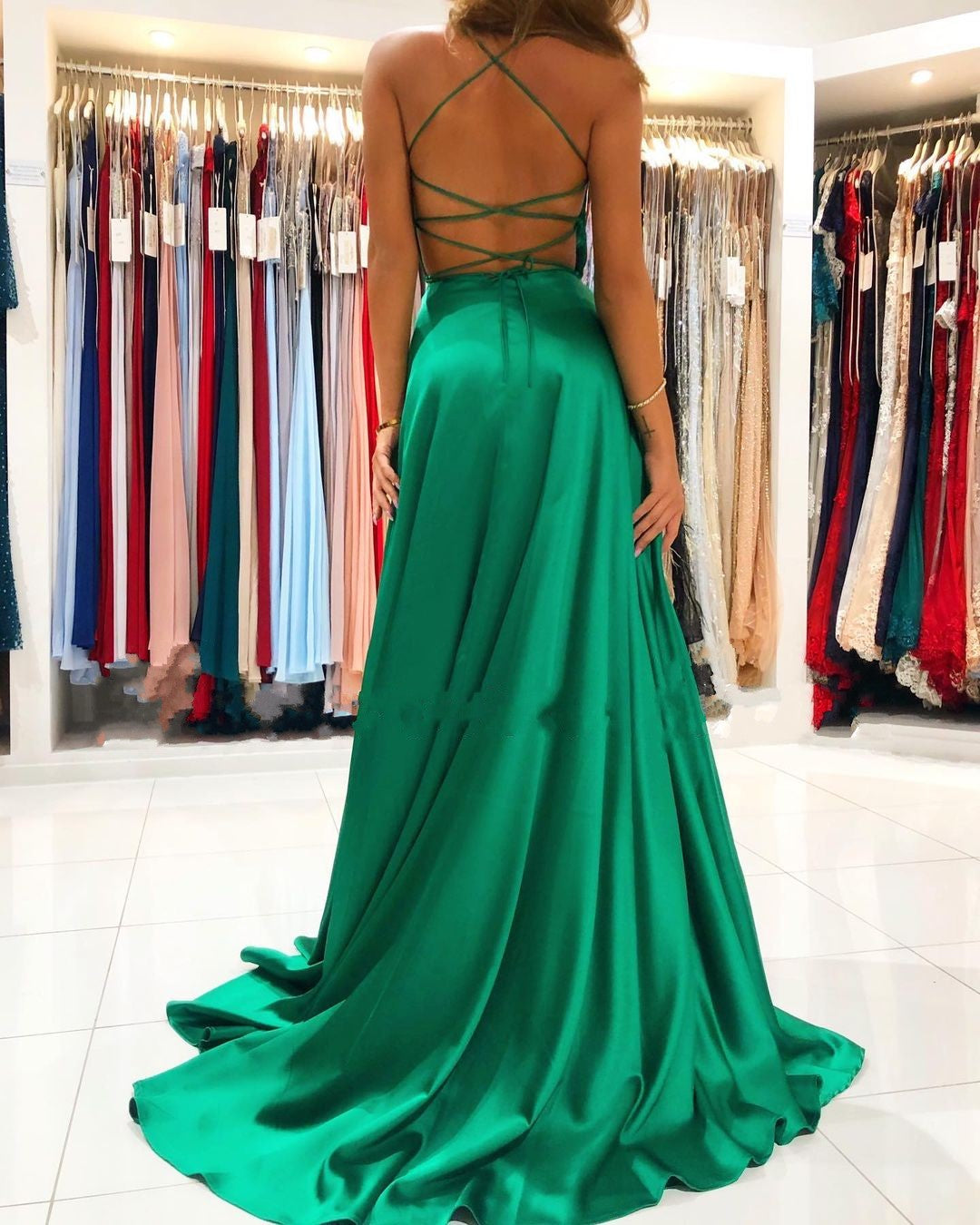 Emerald Green Spaghetti-Straps Prom Dress Long With Split