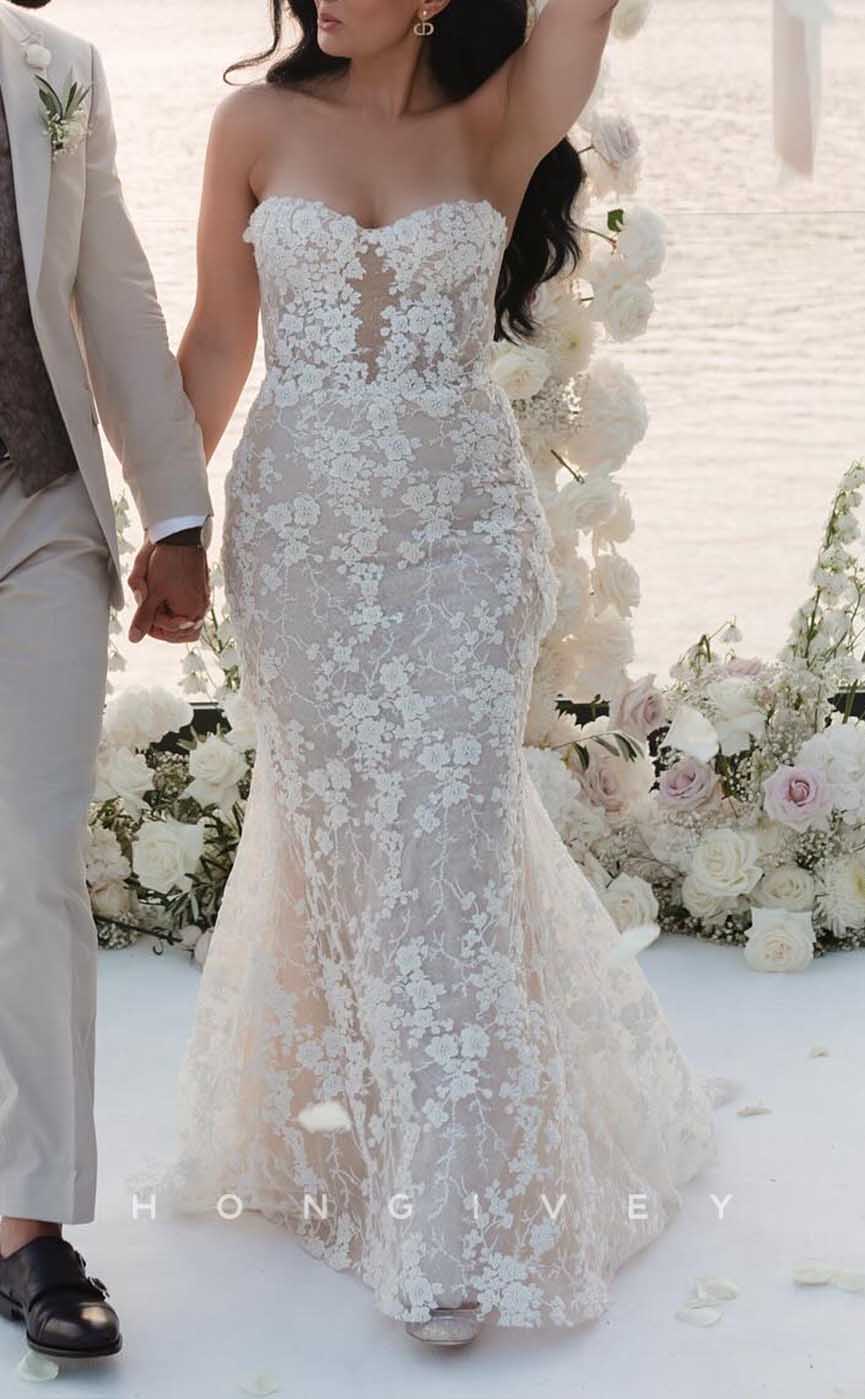 H1718 - Trumpet Sweetheart Strapless Lace Applique Sheer Wedding Dress