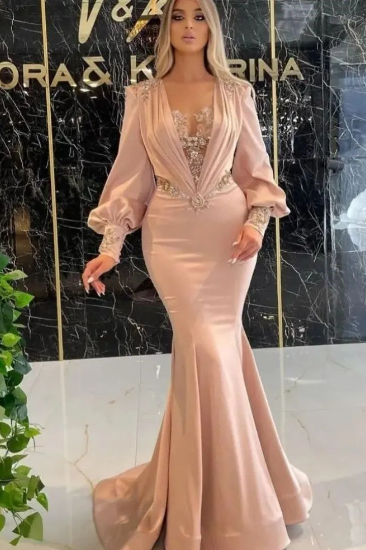 Elegant Floor-Length Long Sleeve Mermaid Satin Prom Dress Adorned with Appliques