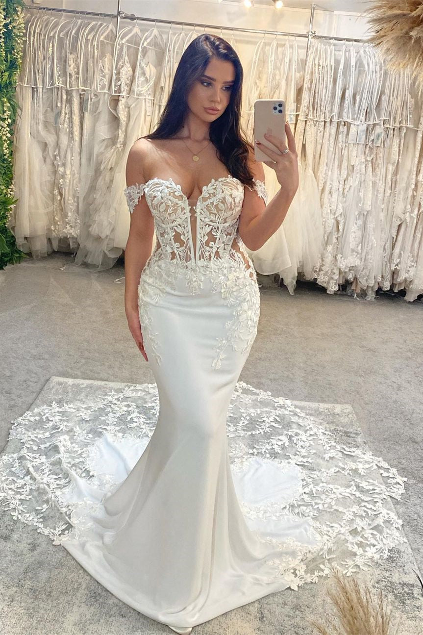 Chic Floor Length Sweetheart Sleeveless Off-The-Shoulder Mermaid Lace Wedding Dress