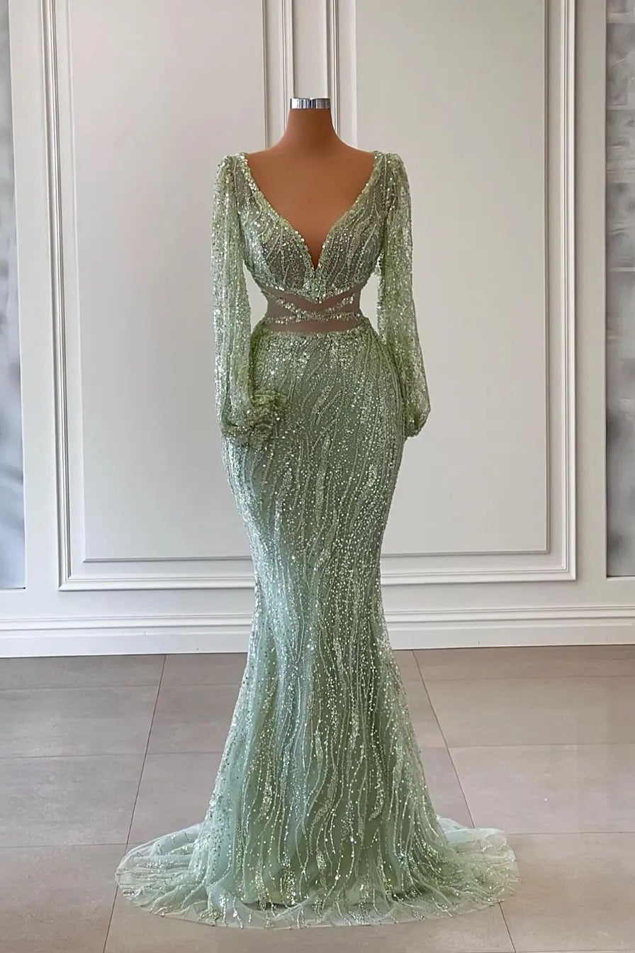 Exquisite Floor-Length V-Neck Long-Sleeved Mermaid Prom Dress Adorned with Sequins