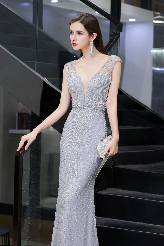 Chic Mermaid V-neck Silver Mermaid Prom Party Gowns