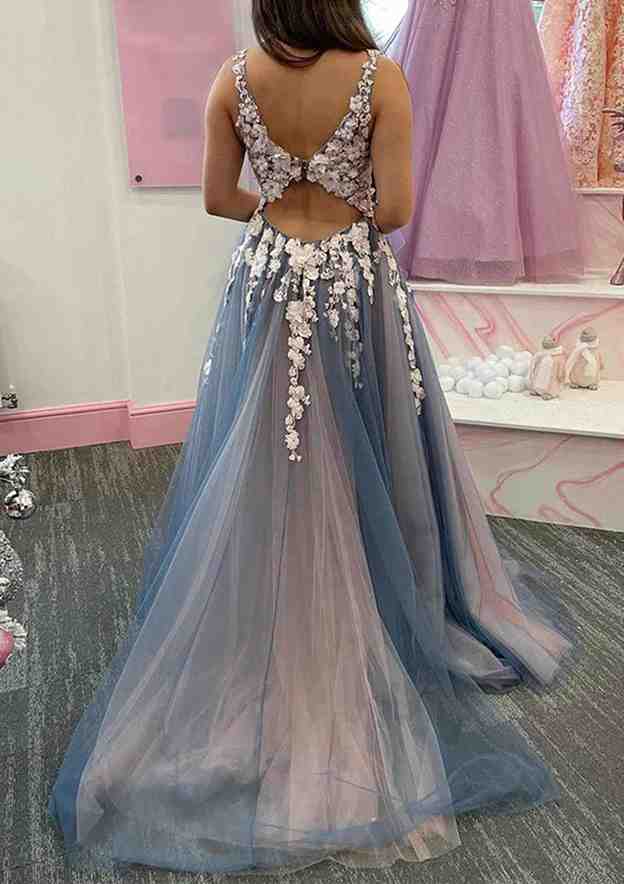 Fabulous A-Line V-Neck Regular Straps Tulle Prom Dress/Evening Dress With Appliqued Split